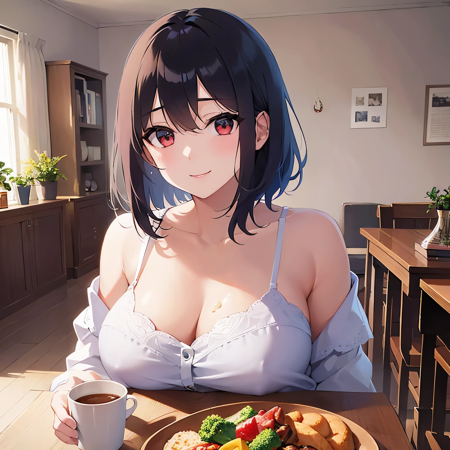 mature female、big breasts, Upper Body, (pale skin:1.2), shiny skin, shiny hair、(A woman in her 40s) and (bob cut) and (wavy hair) and (hair between eyes) and (black hair) and (red eyes), (white) and (off shoulder blouse) 、smile, Alone、Are standing、The background is the living room、There is food on the plate on the table
