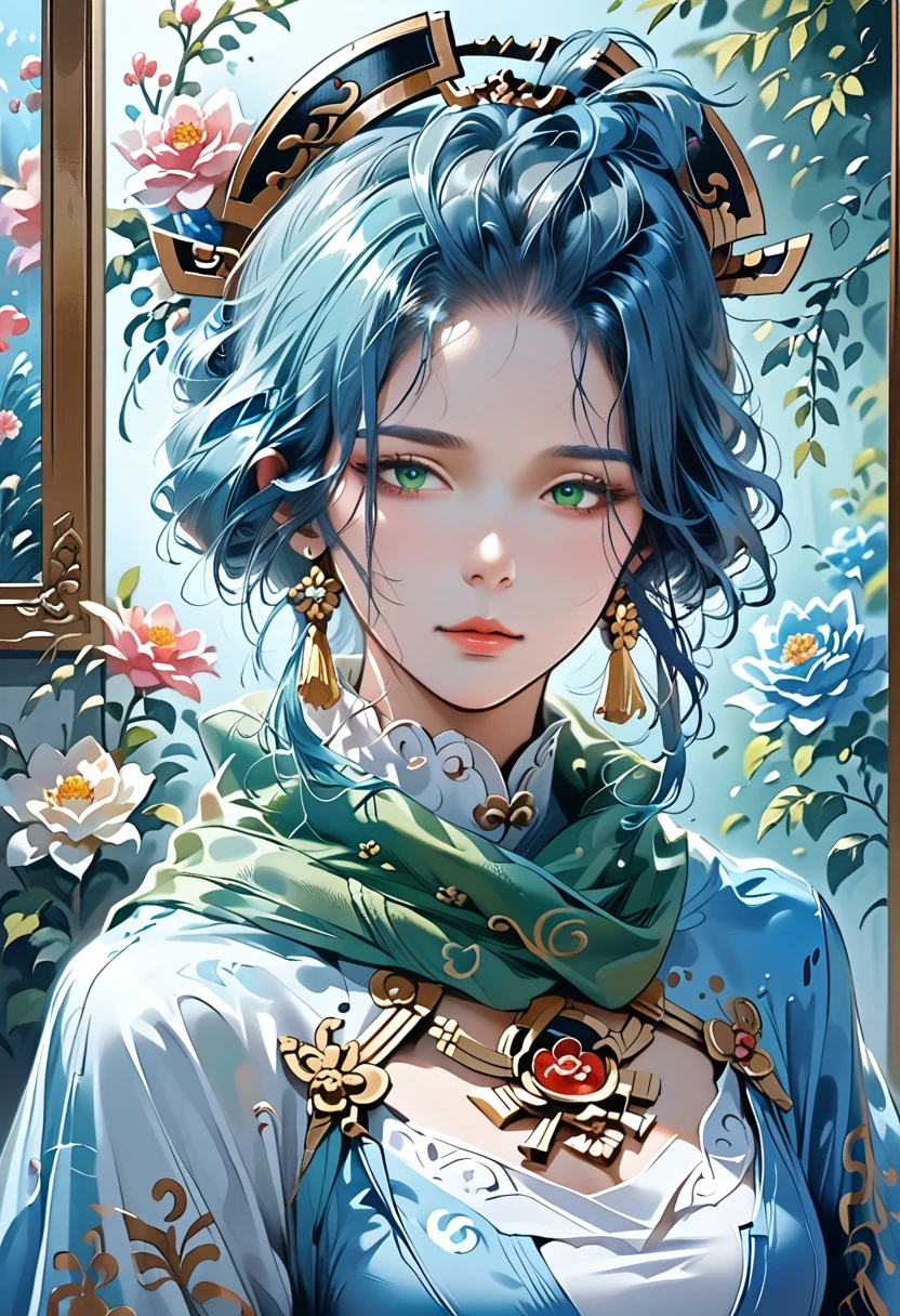 a woman in a blue dress with a long green scarf, beautiful character painting, a beautiful fantasy empress, by Yang J, style of artgerm, artgerm and ruan jia, extremely detailed artgerm, trending artgerm, artgerm. anime illustration, ruan jia and artgerm, inspired by Pu Hua, artgerm detailed