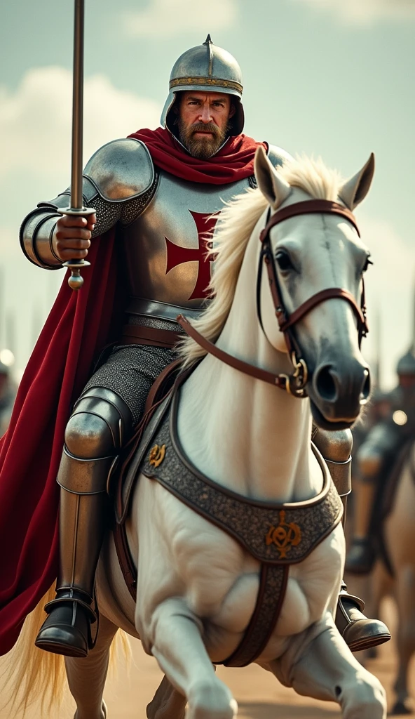 photographic, realism, Motion blur camera, Side view, ride on white horse, horse harness, hold bridle, run horse , (horse armor, horse head and face metal protector:1.3), dynamic scene, Side view, charge , knight, 12th century,One of the Knights Templar of the Temple of Jerusalem,, (Englishman, 40 age-old, gold hair, middle hair, beard, mustache, serious),Cover the whole body in armor, crusader helmet, leather glove, He hold a double-edged sword at one hand, front away, (one Crusader sword), It is decorated, ((He wears a cloak with a red cross on his chest:1.3)), Accurate, ((Anatomically correct,Surrealism, UHD, retina, accurate, anatomically correct, textured skin, super detail, high details, best quality, 8K))