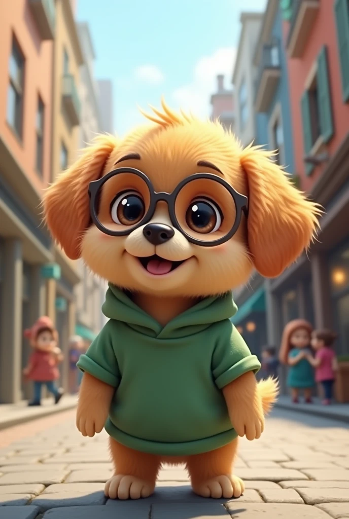 A cute little puppy in street wearing gress clothes and glasses