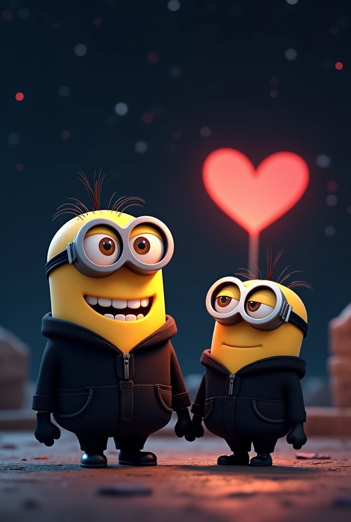 Minion with short girlfriend in night with heart and both wearing black clothes, both are minion