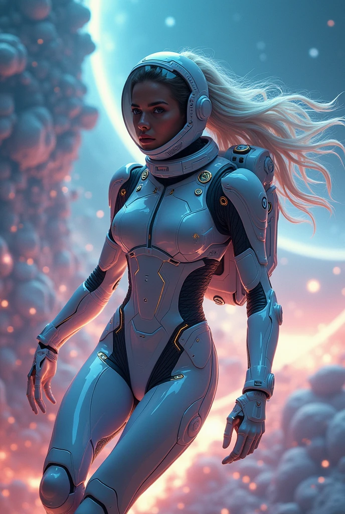 "A detailed painting of a alien girl dressed as a space ranger, exploring an extraterrestrial landscape adorned with vibrant, otherworldly flowers. Science fiction wonderland, imaginative, space adventure."