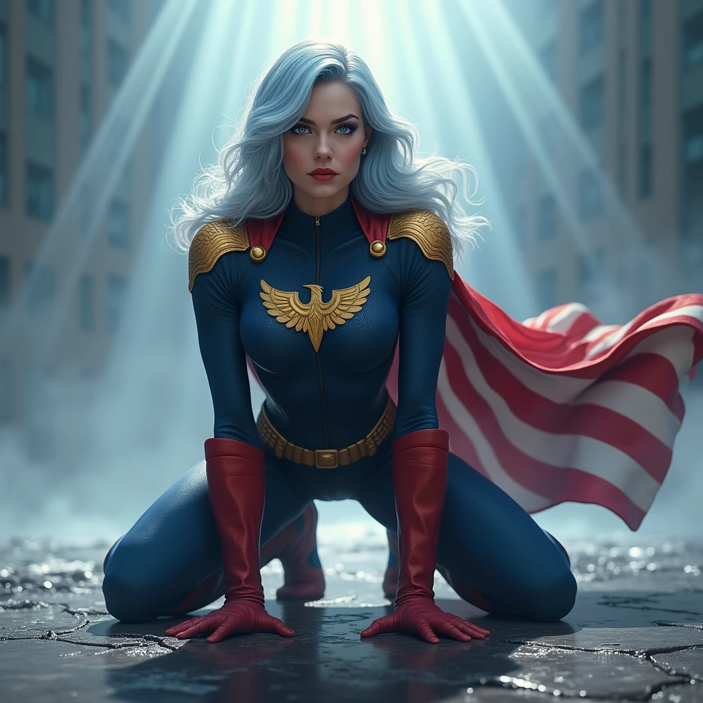 A powerful superhero character in a dramatic action pose, kneeling on one knee with her fist on the ground, causing small cracks on the surface. She wears a dark blue, textured bodysuit with golden eagle heads on the shoulders and wears red gloves until her elbow. She have got long light blue hair, light blue eyes, large breast, and she has a stern, determined expression on her face. A large American flag cape billows behind her, adding a sense of movement to the scene. The atmosphere around her is misty, with beams of light piercing through the clouds, highlighting the figure in a heroic manner