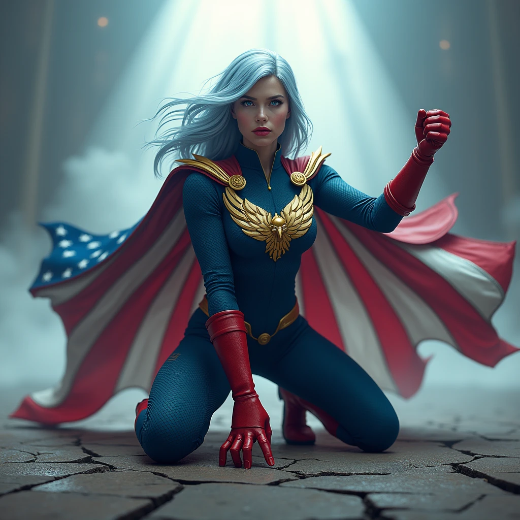 A powerful superhero character in a dramatic action pose, kneeling on one knee with her fist on the ground, causing small cracks on the surface. She wears a dark blue, textured bodysuit with golden eagle heads on the shoulders and wears red gloves until her elbow. She have got long light blue hair, light blue eyes, large breast, and she has a stern, determined expression on her face. A large American flag cape billows behind her, adding a sense of movement to the scene. The atmosphere around her is misty, with beams of light piercing through the clouds, highlighting the figure in a heroic manner