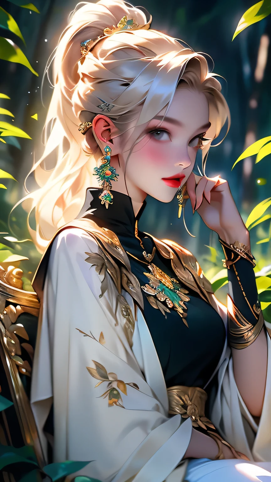 (((Upper body portrait)))、(((masterpiece, Highest quality, High resolution, Attention to detail)))), One, ((Fantasy)))), (A peerless beauty)))), (White short skirt with gold embroidery), (Long blonde ponytail:Dumpling1), (Shiny, dark black eyes), (Green surcoat with gold embroidery), big, (((at night forest)), (Many beautiful flowers are blooming)), Sit in a chair and look here , Particles of light flying、(((Upper body portrait)))、