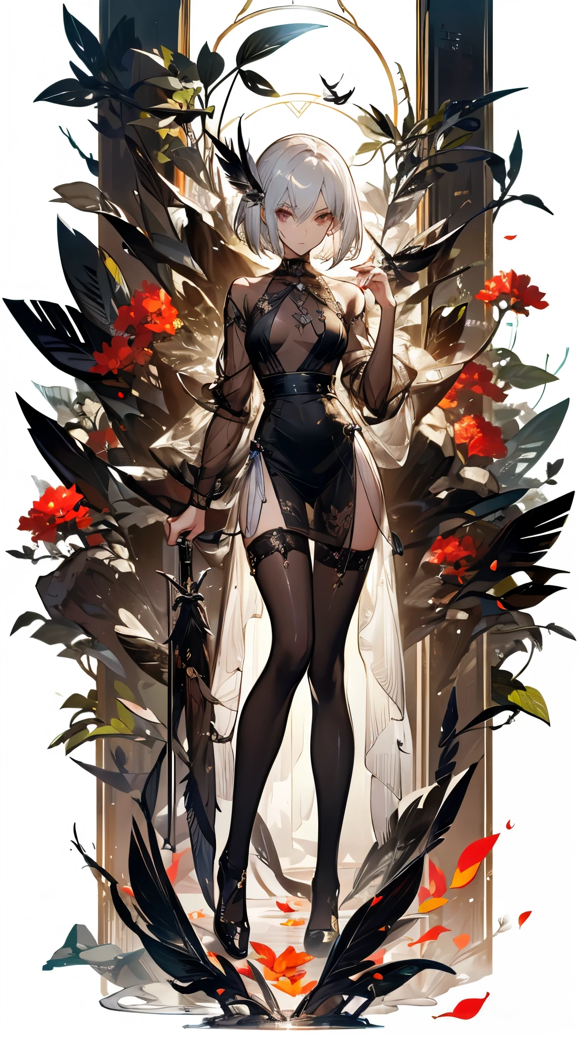 Perfect quality，Perfect body proportions，Long legs，silver，Succubus，whole body，Handsome short hair，Standing picture，feather，Leaves，Petals falling，sexly, See-through pantyhose，Fishnet stockings，transparent，NUDE