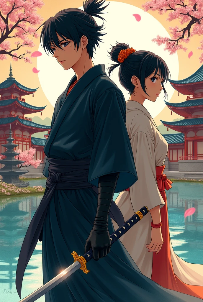 A poster for a novel. A ninja boy with a katana and a cute japanese girl 