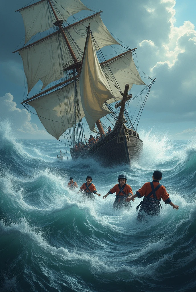 Korean small sailing ship The mast is broken Edo Period typhoon Big Wave Subversion A close-up of the moment several Korean sailors were thrown into the sea and drowned Dramatically Dramatically sense of distance Thrillingly