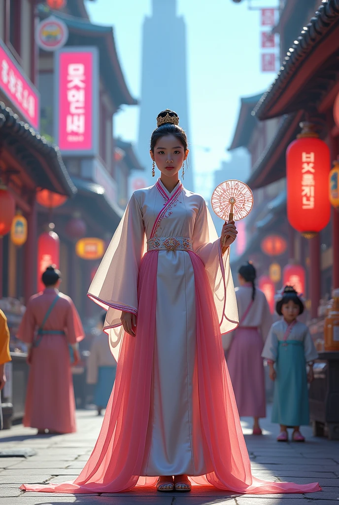 Concept: In a futuristic Seoul, characters don traditional Korean hanbok with a modern twist. The scene captures a bustling marketplace in a futuristic city where modern technology coexists with traditional Korean elements. The main character, a young woman dressed in a futuristic hanbok, stands at the center, showcasing a blend of traditional and modern aesthetics.Visual Breakdown:Main Character:Outfit: A hanbok with flowing fabric that incorporates neon-lit edges. The colors are a mix of traditional pastel hues with a metallic finish, symbolizing the harmony between tradition and technology.Accessories: Futuristic jewelry with holographic elements, incorporating traditional patterns like geumgangmun or cloud motifs.Expression and Pose: She holds a traditional Korean fan, but it displays digital animations on its surface, symbolizing the blend of old and new. Her stance is graceful yet confident, standing as a bridge between the past and future.Background:Cityscape: A vibrant futuristic Seoul with tall skyscrapers, holographic billboards, and flying vehicles. The buildings incorporate traditional architectural designs, such as curved rooftops seen in hanok.Market Stalls: Stalls selling a mix of traditional items (like kimchi jars, hanji paper, traditional masks) alongside futuristic tech gadgets, creating a juxtaposition of Korea’s rich heritage with modern advancements.Lighting: Neon lights and holographic advertisements cast a glow over the market, creating a cyberpunk feel while maintaining the charm of a traditional marketplace.Supporting Characters:Other characters wearing modernized hanbok, each with their unique style. For example, a child in a hanbok-inspired spacesuit, or an elderly vendor in a hanbok with integrated wearable tech.Color Palette:A mix of traditional soft pastels (like pink, mint, and ivory) with metallic shades (silver, blue, neon green) that represent technology.Use of warm lighting for a welcoming and lively atmosphere, with subtle hints 