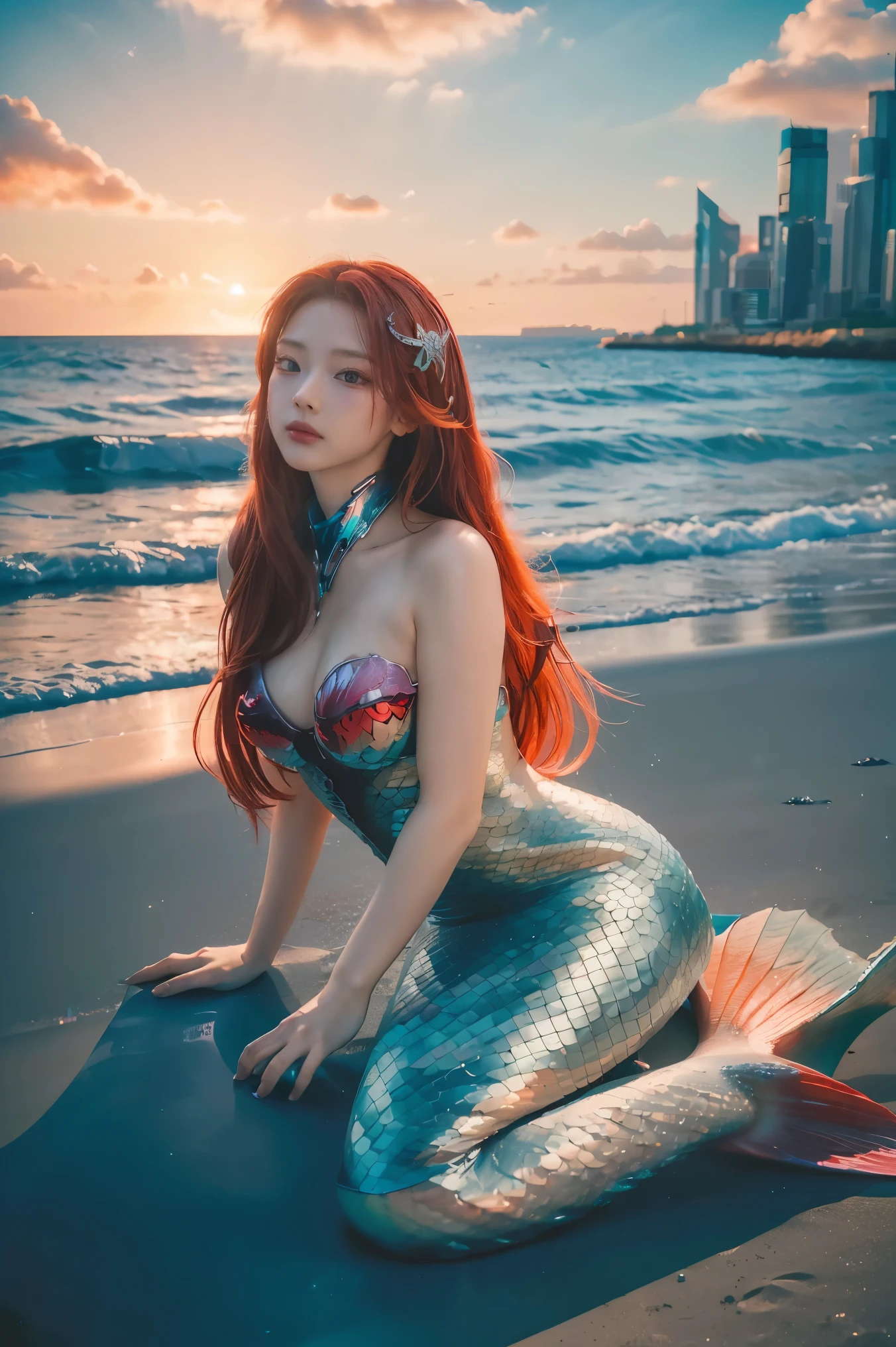 ((masterpiece, best quality, extremely detailed), volumetric lighting, ambient occlusion, colorful, glowing), 1girl, solo, young girl, (red hair), long hair, goddess, cyber suit, (mermaid design:1.3), outdoors, sunset, sky, clouds, beach, sea, , (cyberpunk theme:1.2),