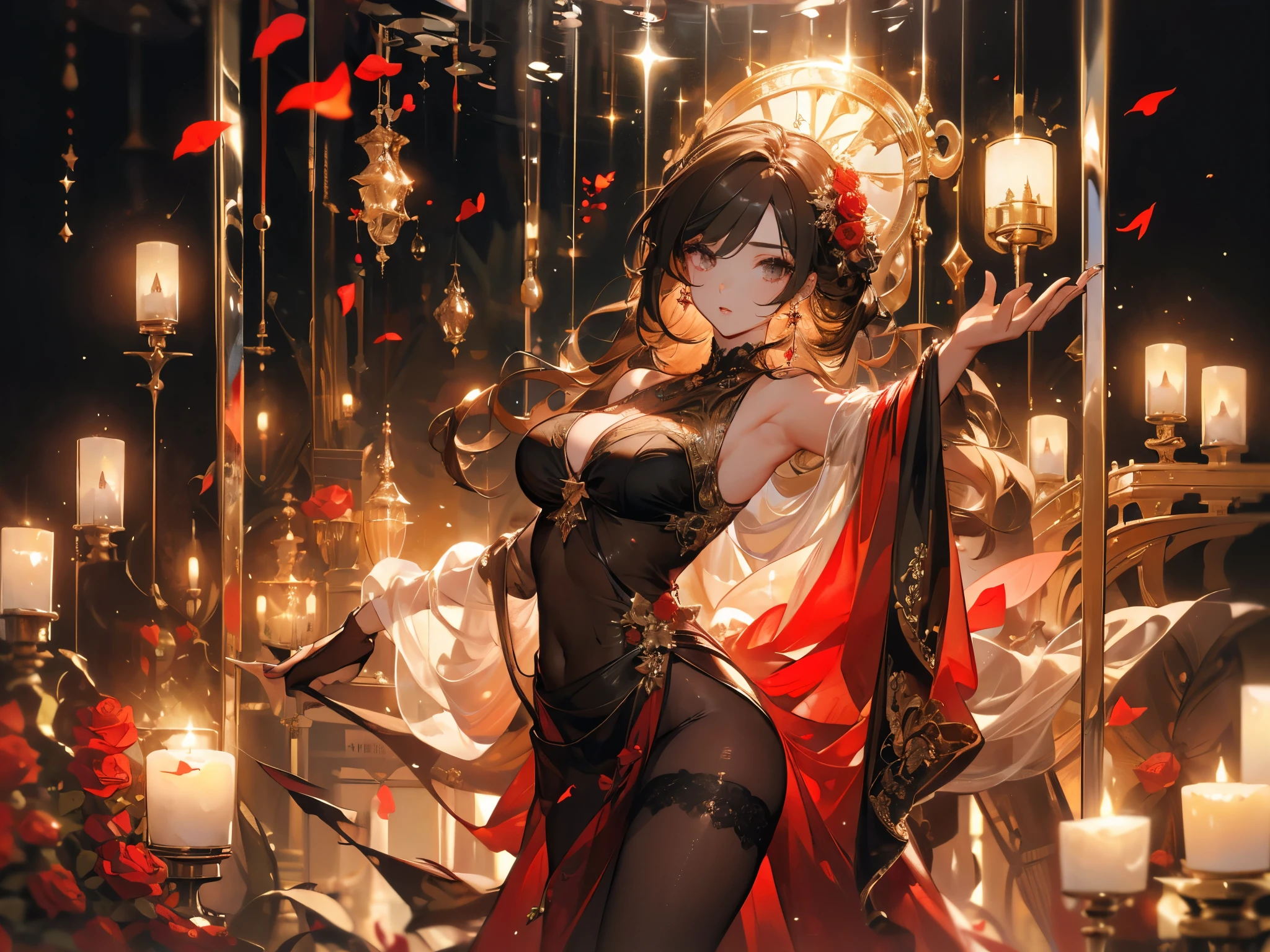 ((masterpiece, best quality)),singer,Rose,earphone,Delicate face,whole body,Perfect body proportions,luxurious,Extremely beautiful,Leaves,Petals falling sexy, See-through pantyhose,Fishnet stockings,transparent,Star decoration