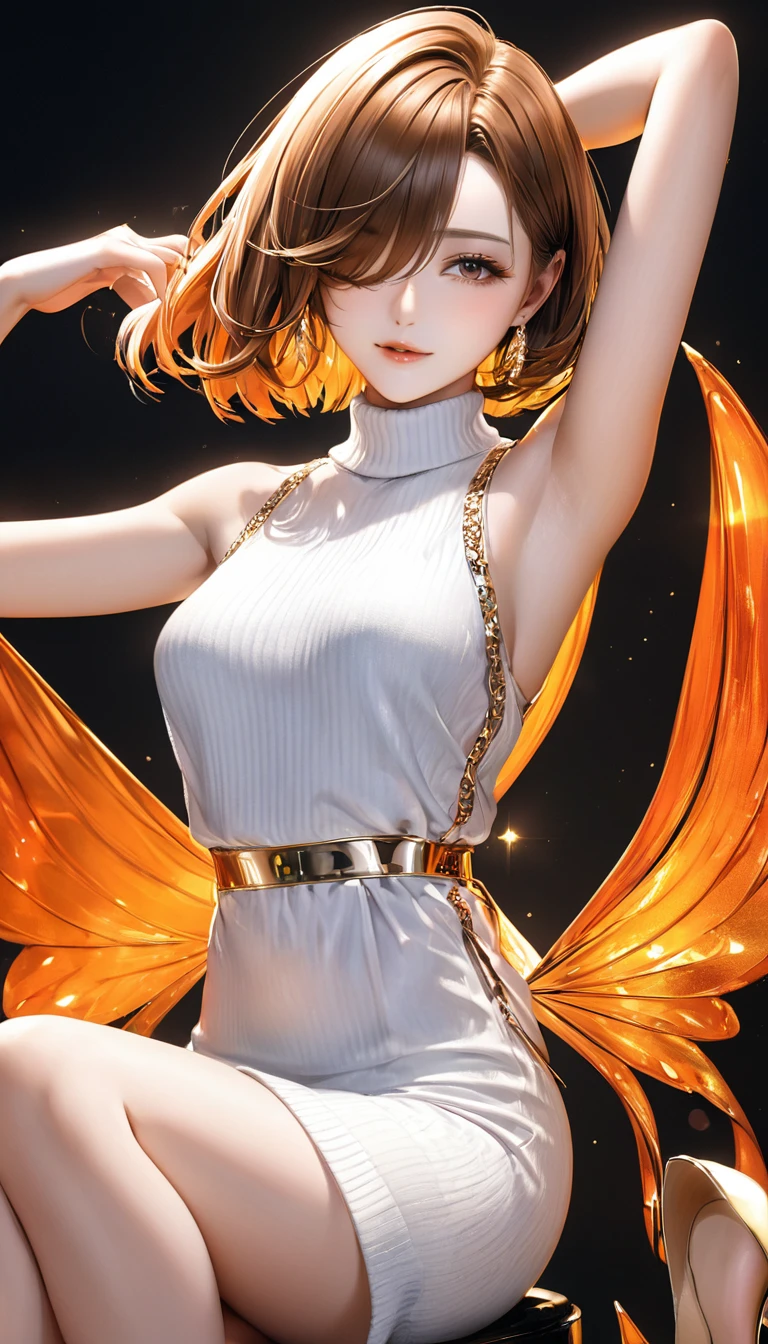 beautiful lady, glossy orange brown layered bob-cut, hair over one eye, (attractive and seductive) and (amorous and lewd) face, make-up, wearing white knit sleeveless dress, gold accessories, high heels, glamorous proportions, arms up armpits, sitting pose, background dim bar, (ultra detailed, absolutely resolution, best quality:1.3), 2.5D, delicate and dynamic effects, iridescent lighting effects, artistic, hyper, graphic CG digital art