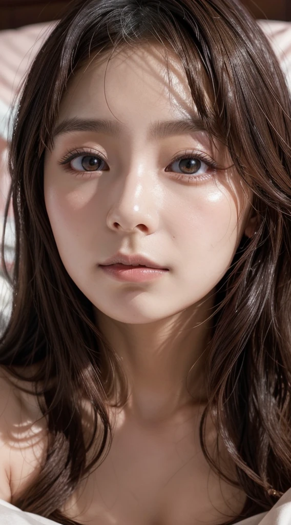 nsfw,A beautiful portrait of a woman who resembles Misato Ugaki、One woman、独奏,Round face、cute、Light brown eyes、very wavy hair,Natural long black hair,Sensual pose、Looking up、Top view、lying on bed,High quality and realistic details、Good lighting、bed、bedルーム、
