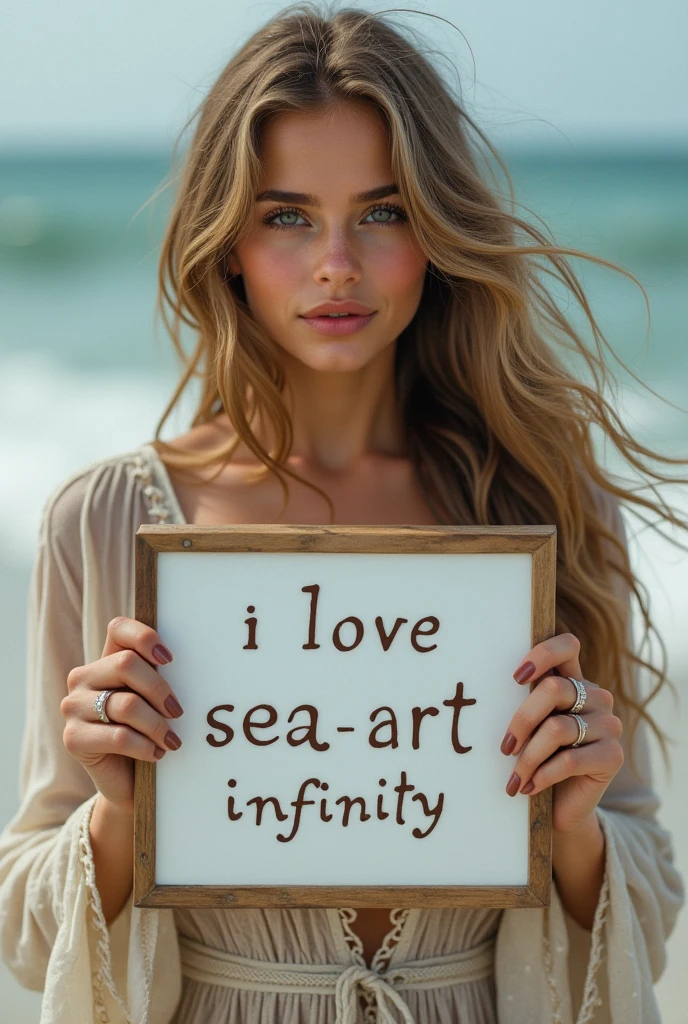 Beautiful girl with wavy long hair, bohemian dress, holding a white board with text "I Love Seaart Infinity" and showing it to the viewer
