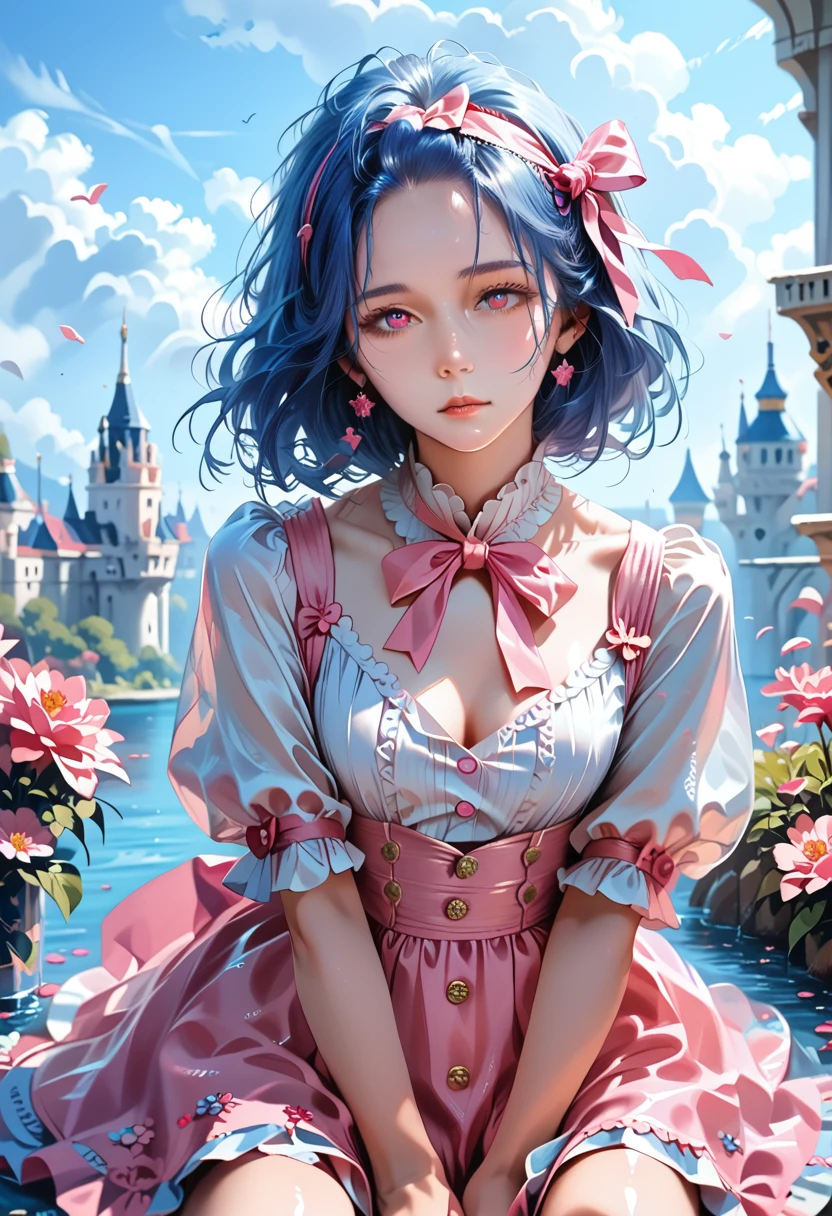 (detailed beautiful eyes and detailed face, masterpiece side light, masterpiece, best quality, detailed, high resolution illustration), (1 girl, beautiful girl, shiny skin), (sky blue hair, pink colored eyes, skirt, ribbon, button- shirt)(kneeling on the ground)