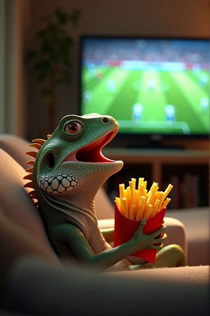 A lizard sitting on the couch watching football on television, celebrating a goal with fries in hand 