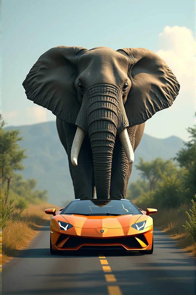 Lamborghini with big elephant in road