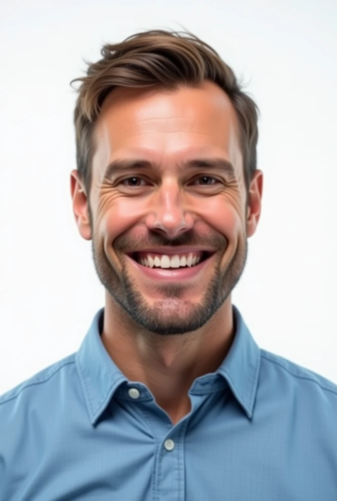 A nice male with white background his face front he is in pent shirt blue 