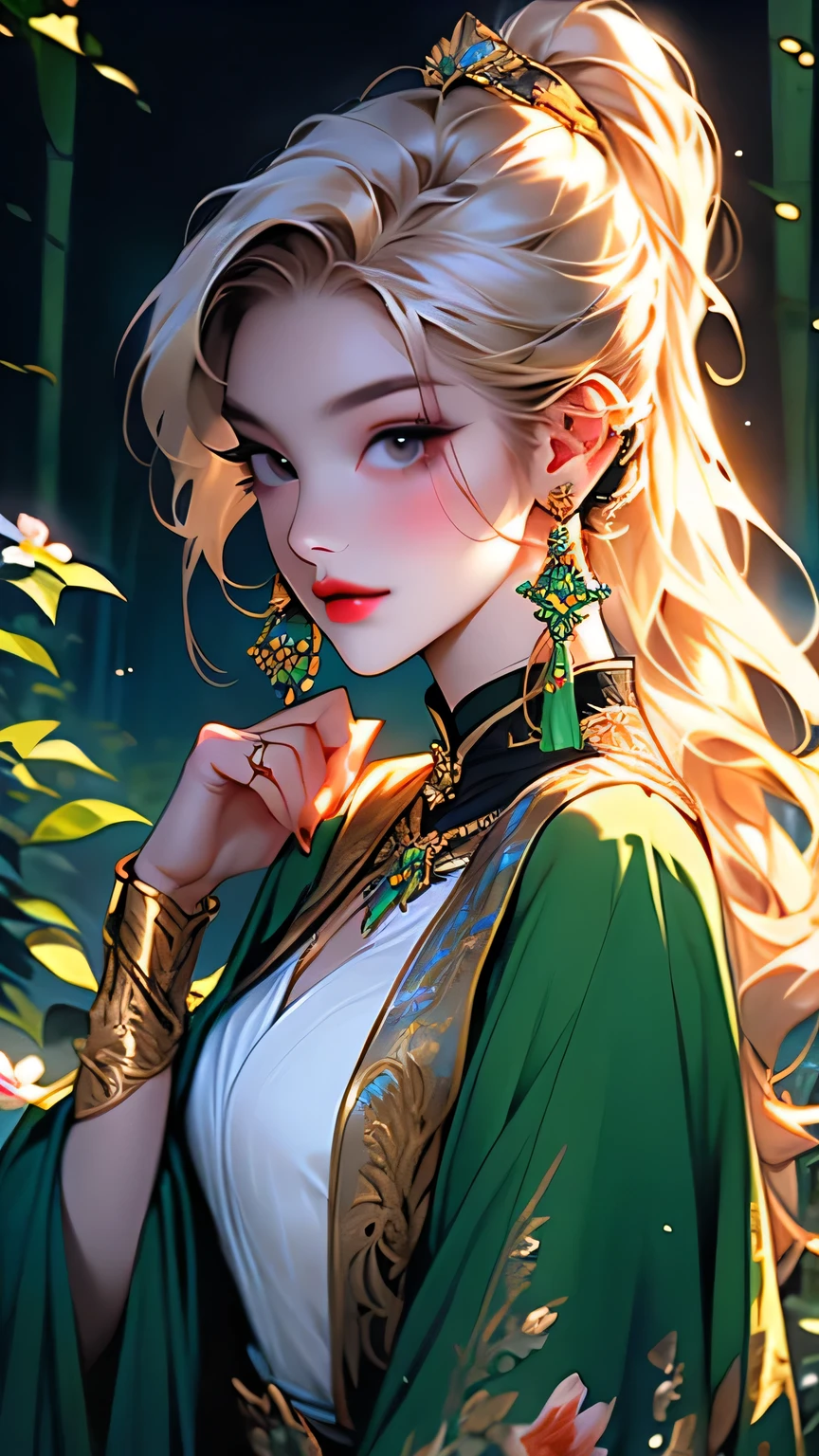 (((Upper body portrait)))、(((masterpiece, Highest quality, High resolution, Attention to detail)))), One, ((Fantasy)))), (A peerless beauty)))), (White short skirt with gold embroidery), (Long blonde ponytail:Dumpling1), (Shiny, dark black eyes), (Green surcoat with gold embroidery), big, (((at night forest)), (Many beautiful flowers are blooming)), Sit in a chair and look here , Particles of light flying、(((Upper body portrait)))、
