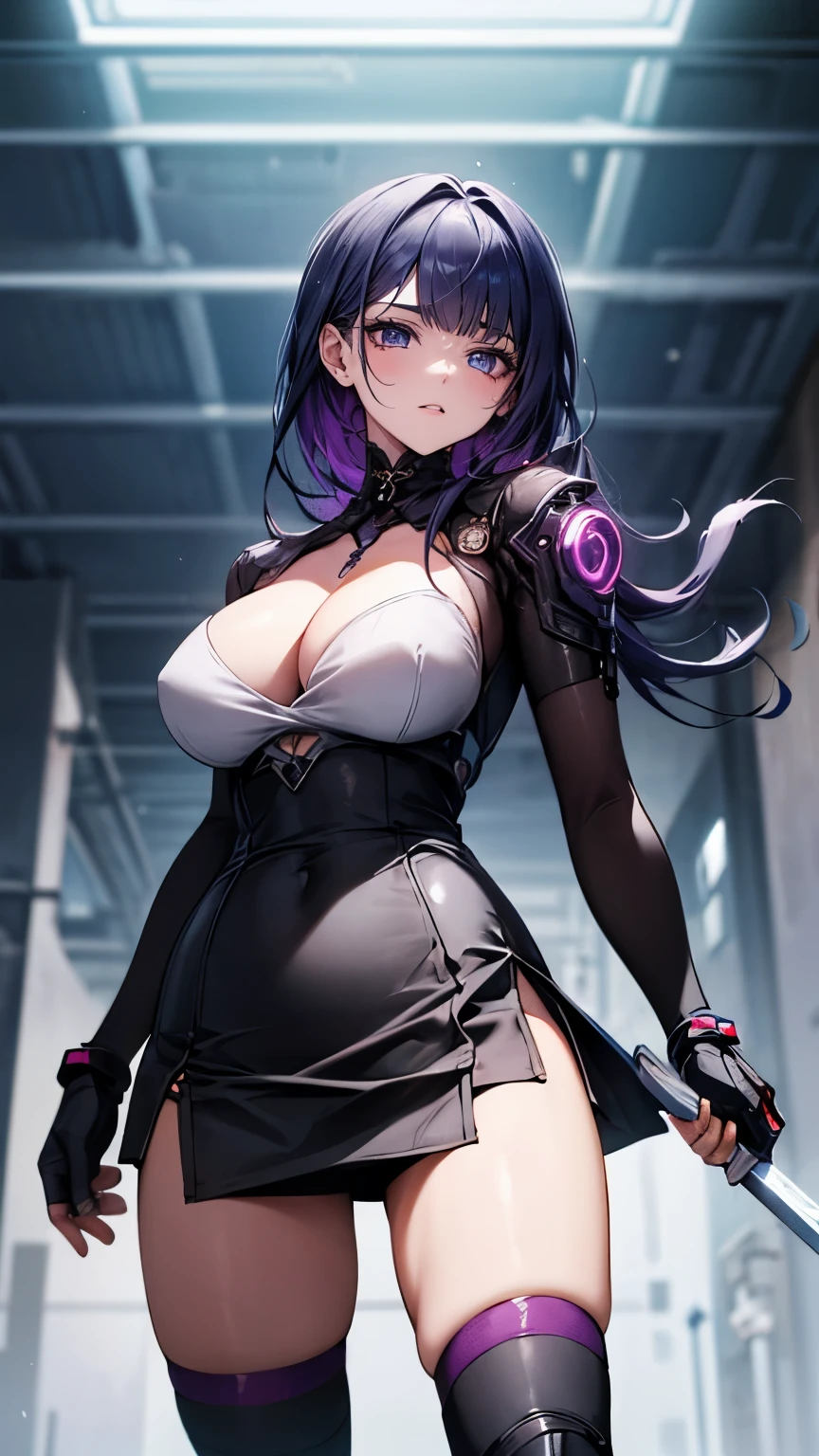 (Very delicate and beautiful:1.2)super model,,Beautiful breasts,voluptuous,【bike shorts】,,Highest quality, High resolution, 8k,mini skirt.cyber punk.Mechanical Sword