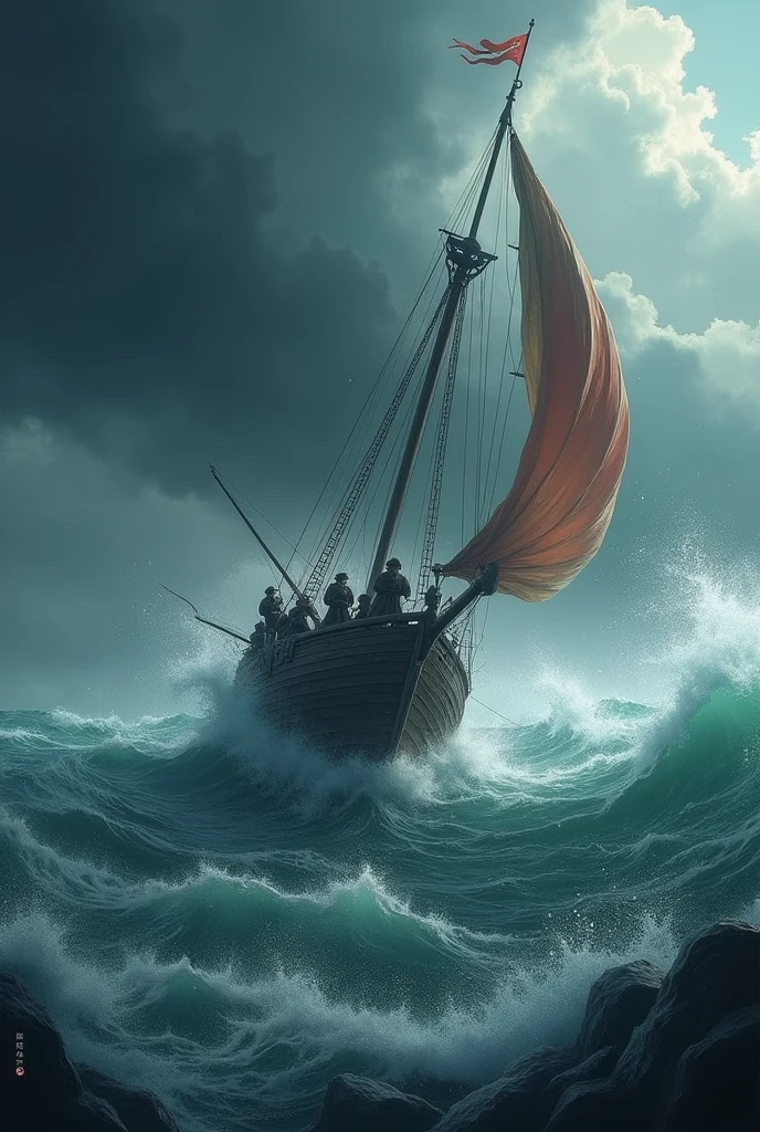 Korean small sailing ship　The sail is broken　Edo Period　typhoon　Big Wave　Subversion　Close-up of the moment several Korean sailors were drowning　Dramatically　Dramatically　sense of distance　Thrillingly