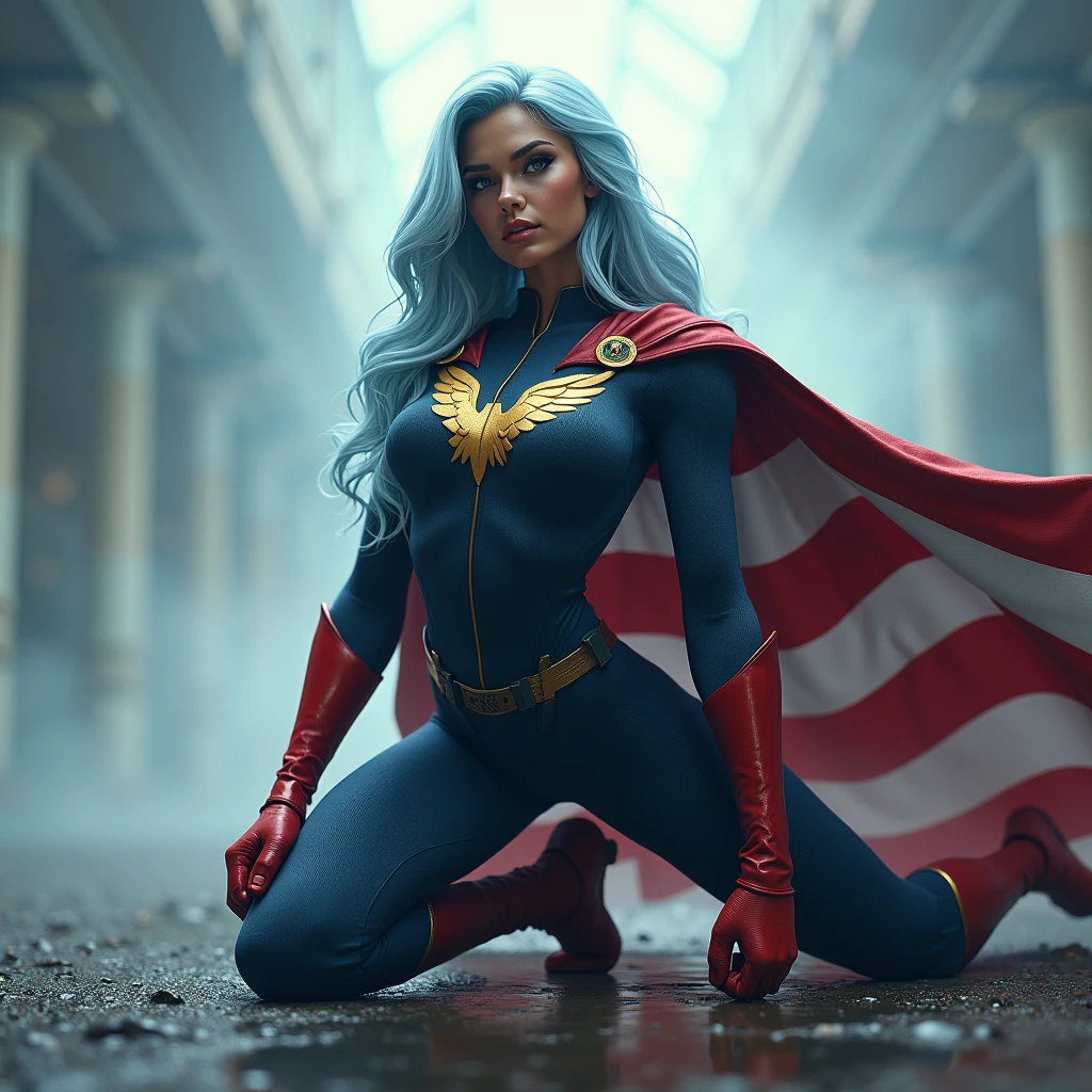 A powerful superhero character in a dramatic action pose, kneeling on one knee with her fist on the ground, causing small cracks on the surface. She's a beautiful biracial latina woman. She wears a dark blue, textured bodysuit with golden eagle heads on the shoulders and wears red gloves until her elbow. She have got long light blue hair, light blue eyes, large breast, and she has a stern, determined expression on her face. A large American flag cape billows behind her, adding a sense of movement to the scene. The atmosphere around her is misty, with beams of light piercing through the clouds, highlighting the figure in a heroic manner