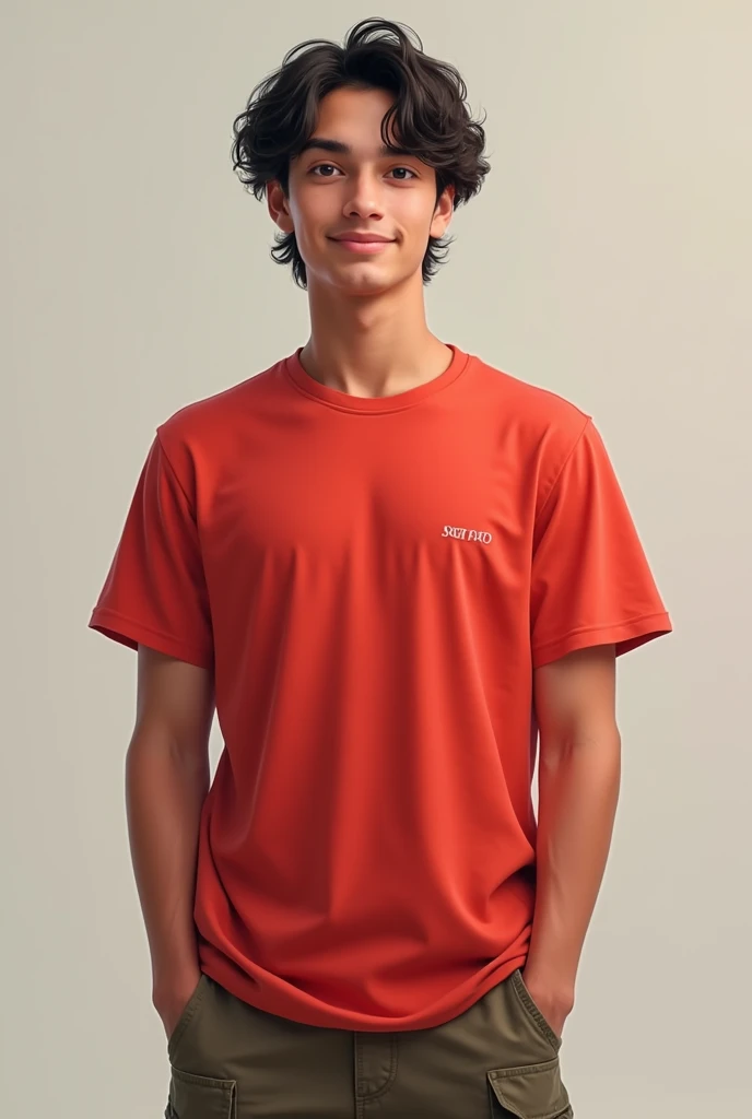 realistic , Young man with short hair, wearing an orange shirt and green pants. Standing in the forest in fear

