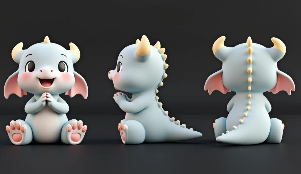 Cute cartoon baby dragon, with a pastel blue body, yellow horns, and pink claws, in a sitting pose on its hind legs like a cat, hands folded in a prayer position, and a white tail facing upwards. Three views are shown: front, side, and rear. The rendering style is c4d, with super high-definition details and a solid color background. This is a 3D modeling cartoon character design. 