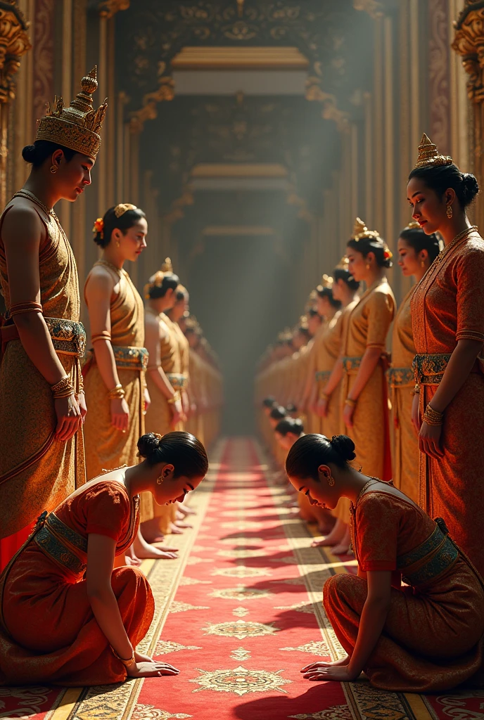 Women bow to the feet of Thai royal men.