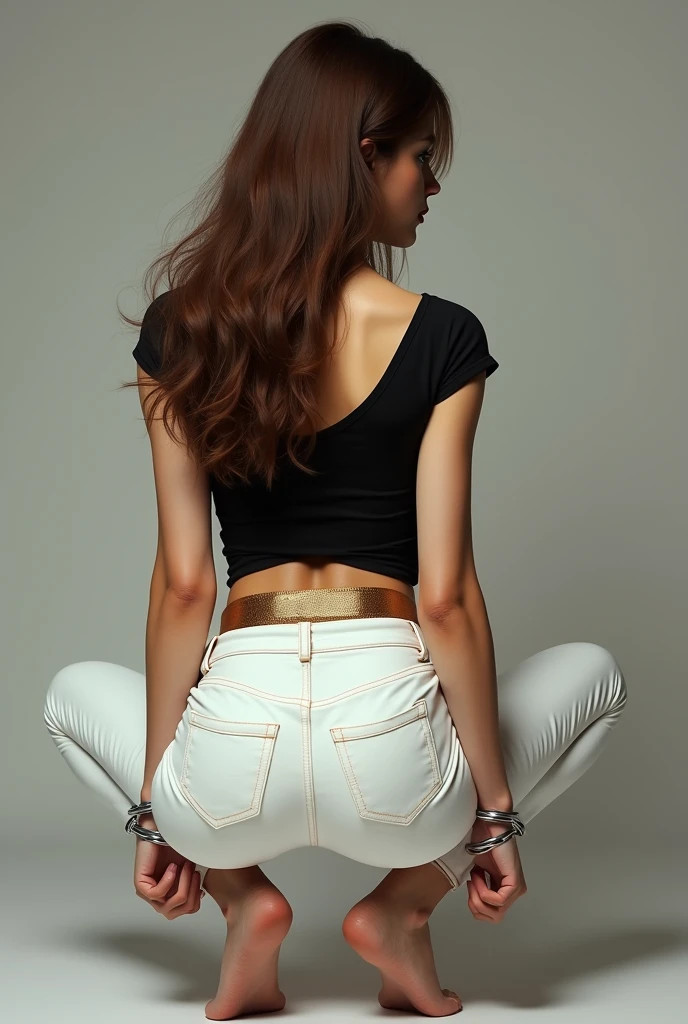 White woman with brown hair wearing tight white jeans with a tag and a gold belt, black blouse, handcuffed with hands together and standing with her back in a squatting position