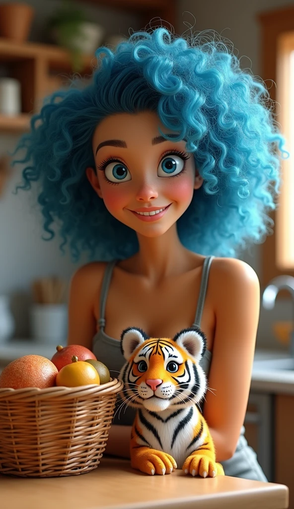 30 age girl with blue very curly hair and blue eyes
with smiling lips,
Next to an old basket inside
Little Tiger is beautiful
In the kitchen
style 3D