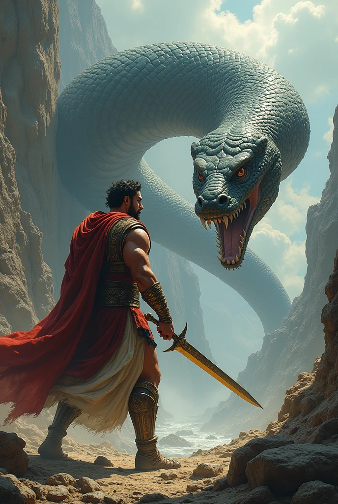 I want the hyperrealistic image of a Greek wrestler fighting a snake by cutting its neck