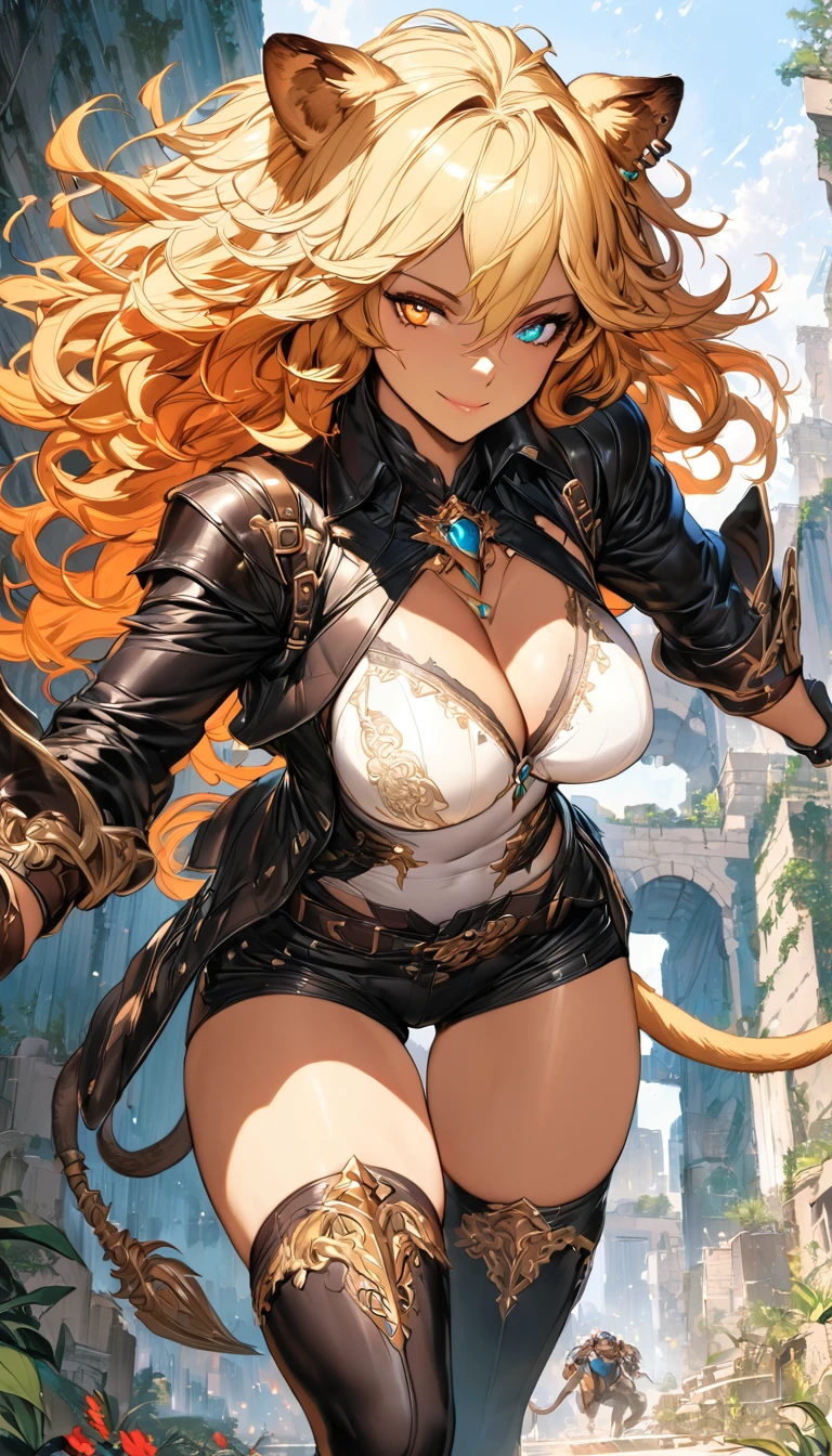 best quality,4k,8k,highres,masterpiece:1.2),ultra-detailed, extremely detailed eyes, extremely detailed body, (large masterpiece digital art), (detailed manga illustration), (detailed line art), ((perfect anatomy)), (intricate details:1.3), (ultra-detailed:1.3), (illustration:1.3), (sharp focus:1.3), (natural lighting:1.05), (vivid colors:1.3), (masterpiece), (best quality:1.4), (perfect anatomy:1.4), high quality, expressive eyes, full body, detailed face, beautiful face, perfect face, 1 girl, tall girl, ((blonde hair)), (red hair), multicolored hair, two-toned hair, ((dark skin)), (((dark skinned female))), griffon, large breasts, thick thighs, very long hair, bare shoulders, denim, (short shorts), dynamic pose, silver jewelry, choker, animal ears, (lion ears), (lion tail), thigh-highs, ((animal ears)), skin dentation, curvy, monster girl, heterochromia, (orange eye), (icy blue eye), ((wings)), feathered wings, black feathers, green glowing feathers, thigh gap, (white shirt), black leather jacket, thigh boots, dynamic lighting, cinematic lighting, smiling, ((Greek ruins background)), Atey Ghailan, Jeremy Mann, Greg Manchess, Antonio Moro, trend in ArtStation, trend in CGSociety, Intricate, High Detail, Sharp focus, dramatic and photorealistic painting art by Midjourney and Greg Rutkowski, Jeff Bridges, ((cartoon style)), Marvel Cinematic Universe style
