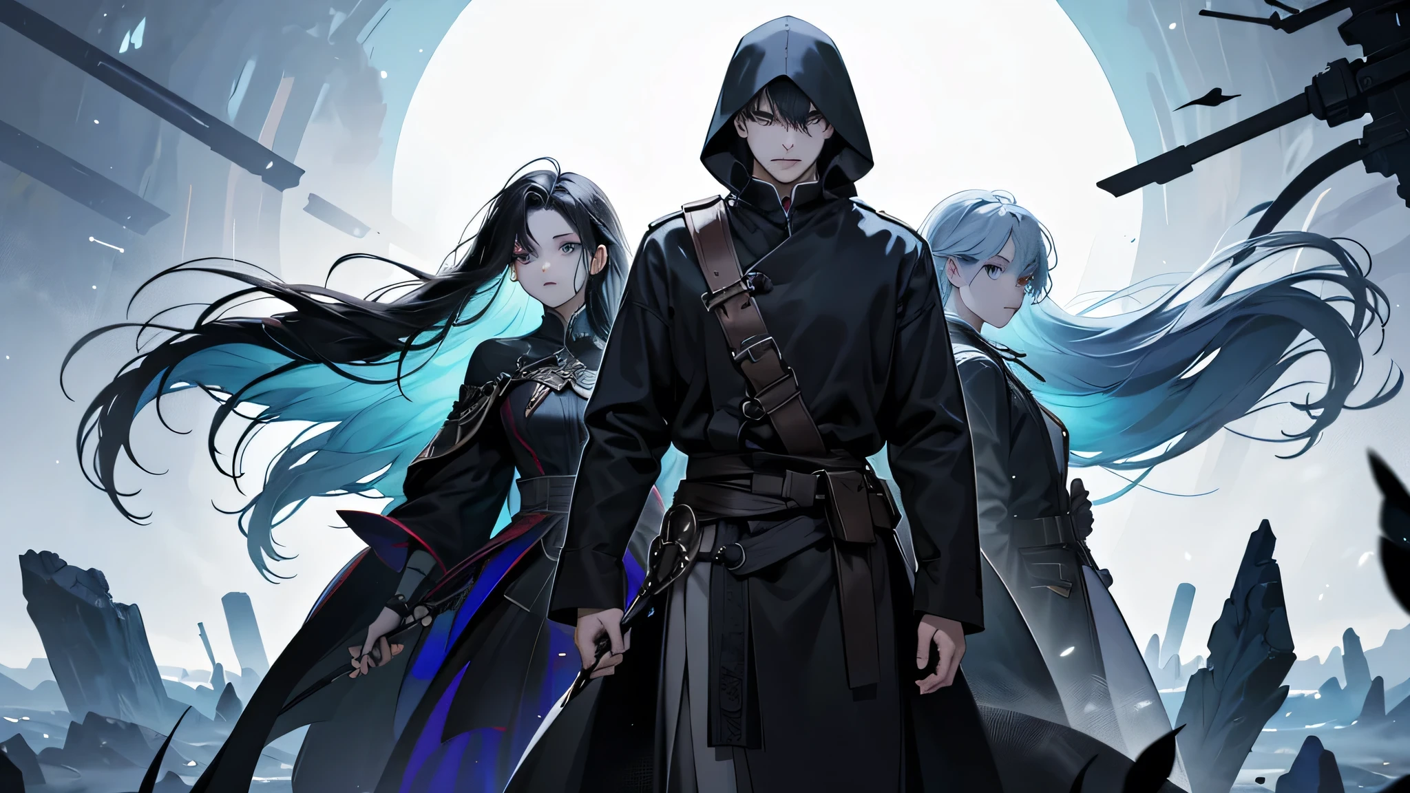 Create an image of the Stranger clan, a group of enigmatic and otherworldly beings. The members of this clan should have an aura of mystery, with each figure shrouded in shadows or mist, their forms partially obscured. Their eyes are piercing and glow faintly, hinting at hidden knowledge and power. Their clothing and accessories are a mix of modern and fantastical elements, with sleek designs and subtle, intricate patterns that seem to shift and change. The environment around them is surreal and dreamlike, with floating geometric shapes, shifting colors, and a landscape that defies the laws of reality. The overall mood should be eerie yet captivating, capturing the unknowable nature of the Stranger clan.