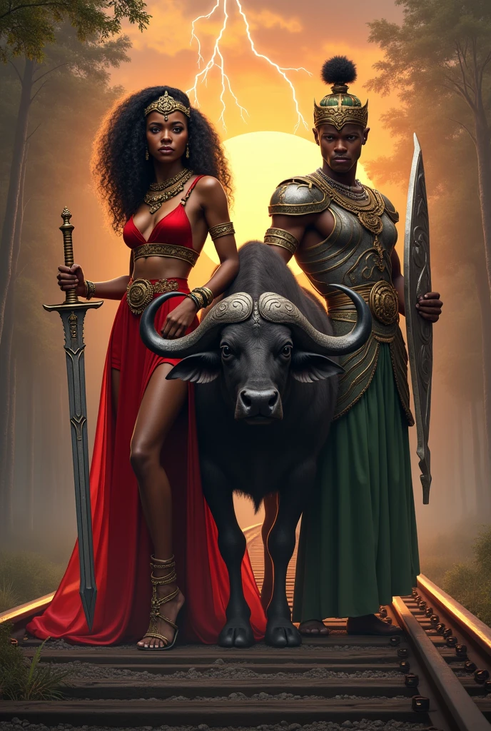 a female goddess of African ethnicity with black, curly hair, wearing a red dress, with a Golden Crown on his head, copper bracelet and neck jewelry, leaning on a standing buffalo, In one hand the woman holds a sword whose blade is shaped like a lightning bolt, the sword is made of silver. On the right side of this woman, there is an old train track on the ground and on it, There is a god of African ethnicity wearing Greek-style armor in silver color, wearing a green and red gown underneath, on his head he wears an ancient Persian helmet in green and red colors, he holds a mystical silver sword in one hand and a mystical silver shield in the other hand. man has parts without melanin in his skin. The scene takes place in a forest biome and in the background the sun sets but you can see lightning falling from the sky..