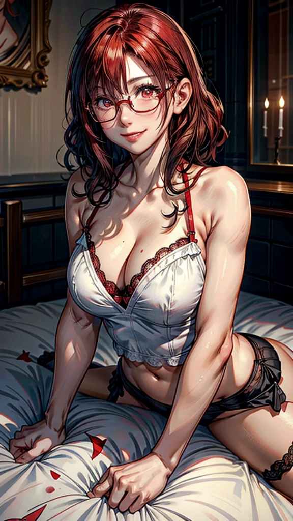 .1 woman,Alone, breasts a little big,short hair, Red eyes, curly hair, natural redhead,Red eyes, round glasses, smile, Blush all over the face, coquette, smile radiante, lace lingerie, sexy, In a bed,mischievous, naughty face, ((Lay down in bed)).