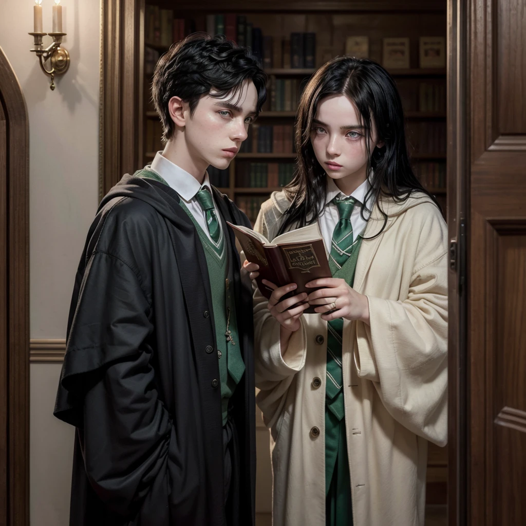 Brunette girl with pale skin in a potion room at Hogwarts castle looking at one of her books, long black hair, and with a slytherin robe, inexplicable beauty and blue eyes, accompanied by a tall black-haired boy, dressed in Slytherin just like her, The boy had pale skin and was standing to the side looking at the book with me., He looked like Tom Riddle (hero fiennes)