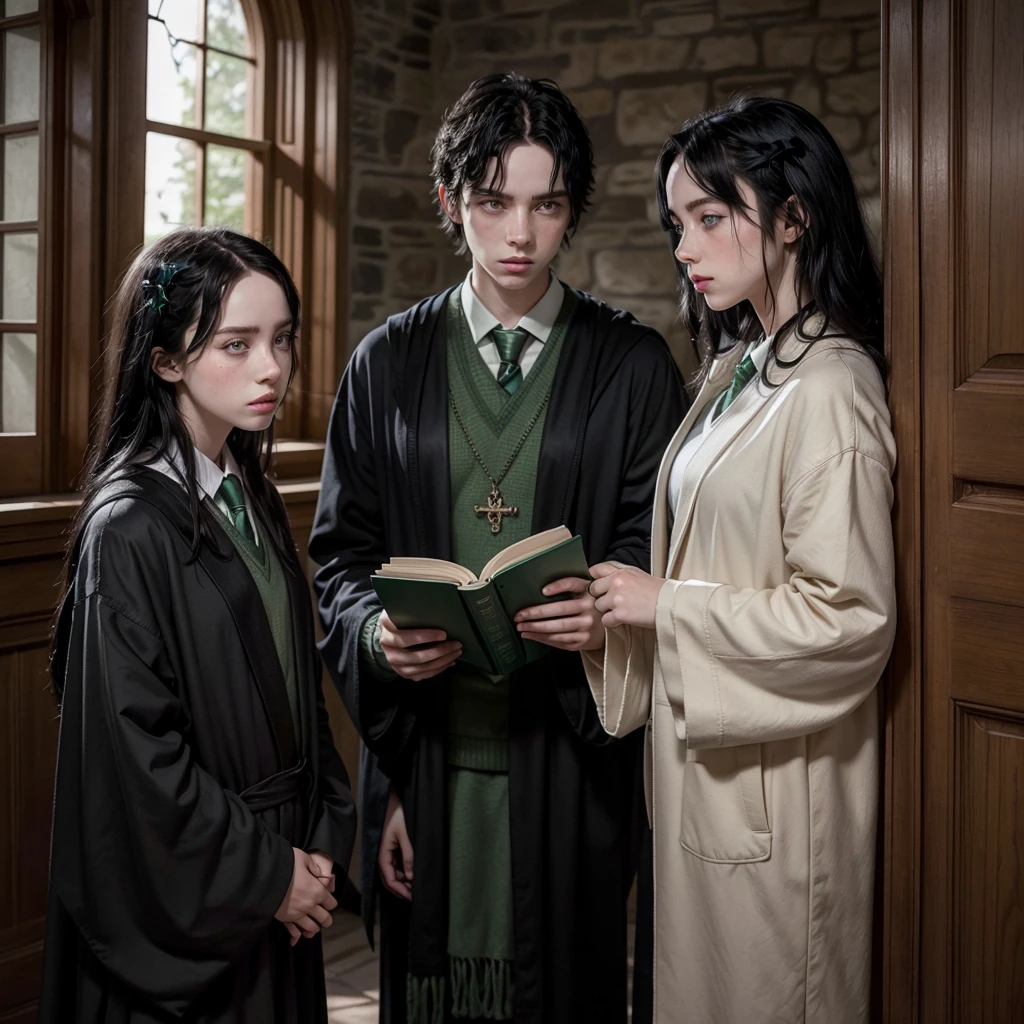 Brunette girl with pale skin in a potion room at Hogwarts castle looking at one of her books, long black hair, and with a slytherin robe, inexplicable beauty and blue eyes, accompanied by a tall black-haired boy, dressed in Slytherin just like her, The boy had pale skin and was standing to the side looking at the book with me., He looked like Tom Riddle (hero fiennes)