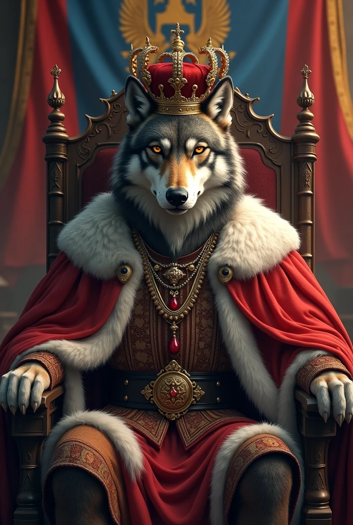 A smart, strong, stern wolf king sitting on the throne in the Armenian court, with a serious look, a crown on the wolf's head, wearing an Armenian royal dress, the Armenian flag and coat of arms on the back, and his paws and legs covered by the Armenian dress he wears