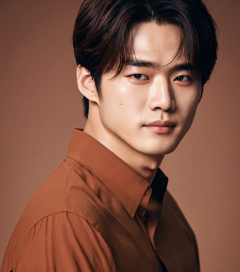 A close-up of a man in a brown shirt posing for a photo, Jung Jaehyun, Jinyoung Shin, Kim Doyoung, Hyung Tae, Shin Jeongho, jia, profile headshot, ten reads, Cai Xu Kun, Yanjun Chengt, lee wonbin, SFW, handsome prince, extremely handsome, Prominent jaw line, ironic smile, Yan