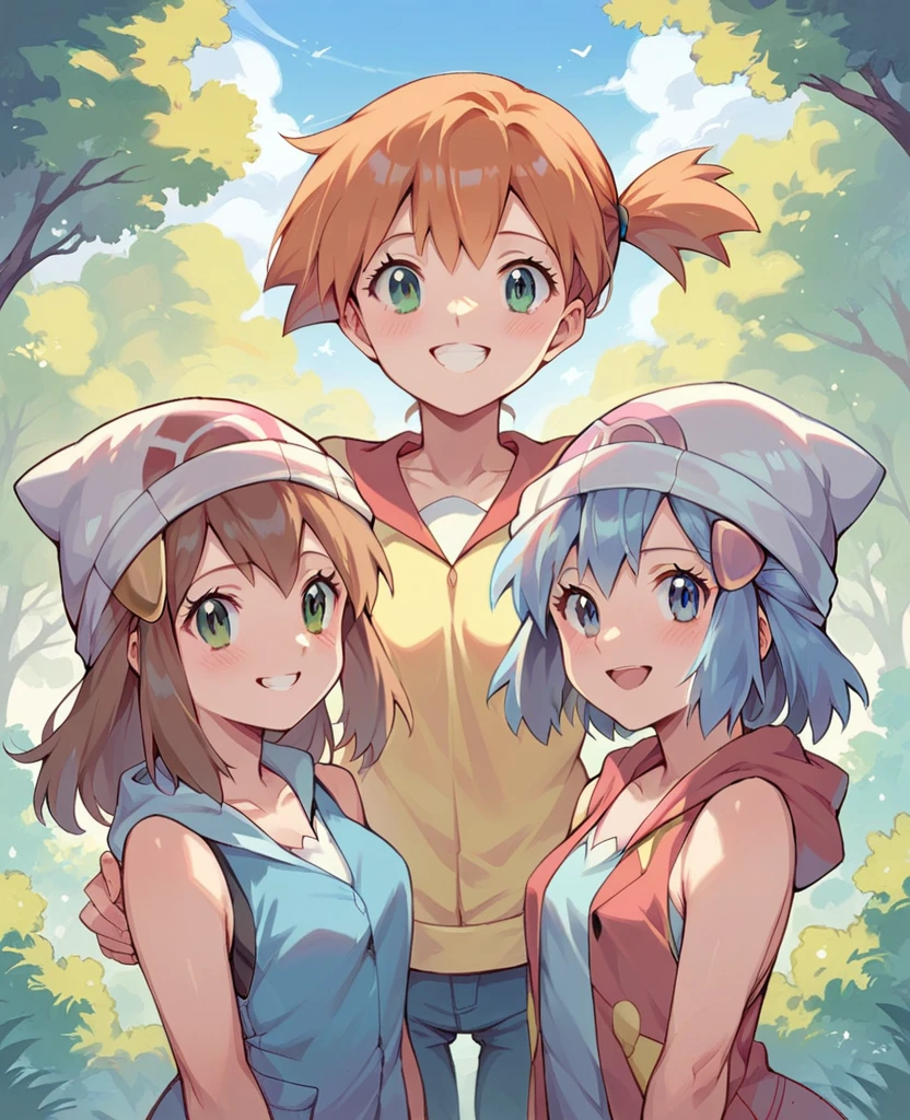 Character pokemon, Three girls , Misty , Dawn, May, together, smile , friends 