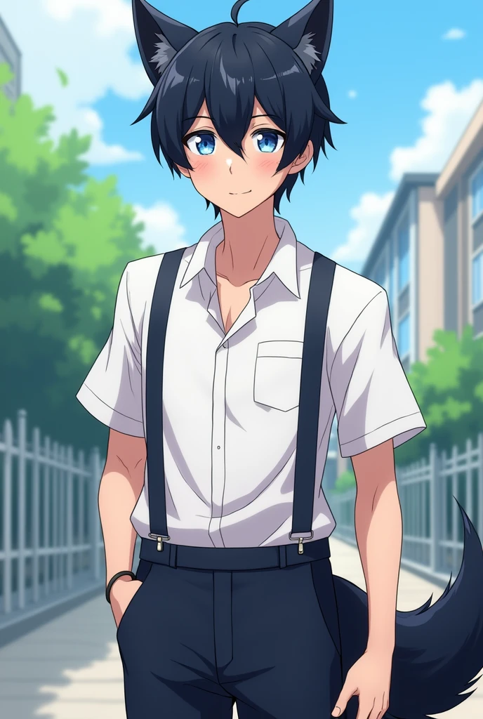 Guy, anime, black hair, blue eyes, school uniform, abs, young, light skin, wolf ears, wolf tail