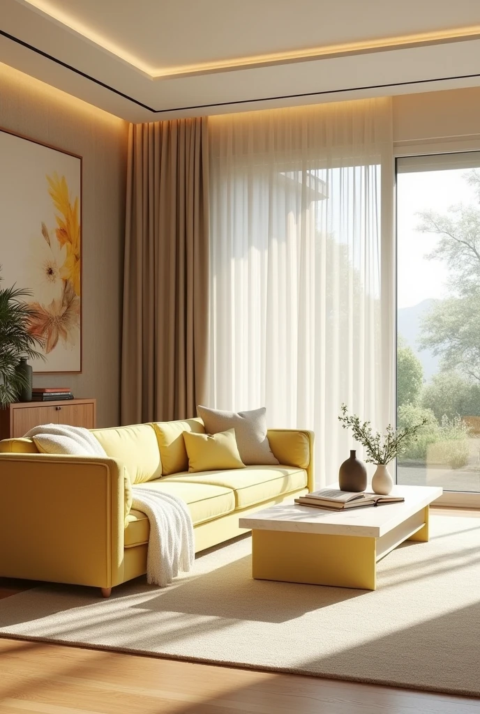 Professional 3d architecture rendering design of modern and minimal  relax room with  light lemon colour modern velvet  2 Florence sofa  and  white stone marble table  modern  and modern ceiling lighting and elegant ceiling lighting and  light wooden consulate  and modern ceiling lighting and elegant wall painting  and elegant accessories and elegant green space and beautiful wall painting and modern windows and beautiful curtains and warm color for carpet and beautiful relax room and small library and cozy  coffee table and white cozy blanket for sofa 