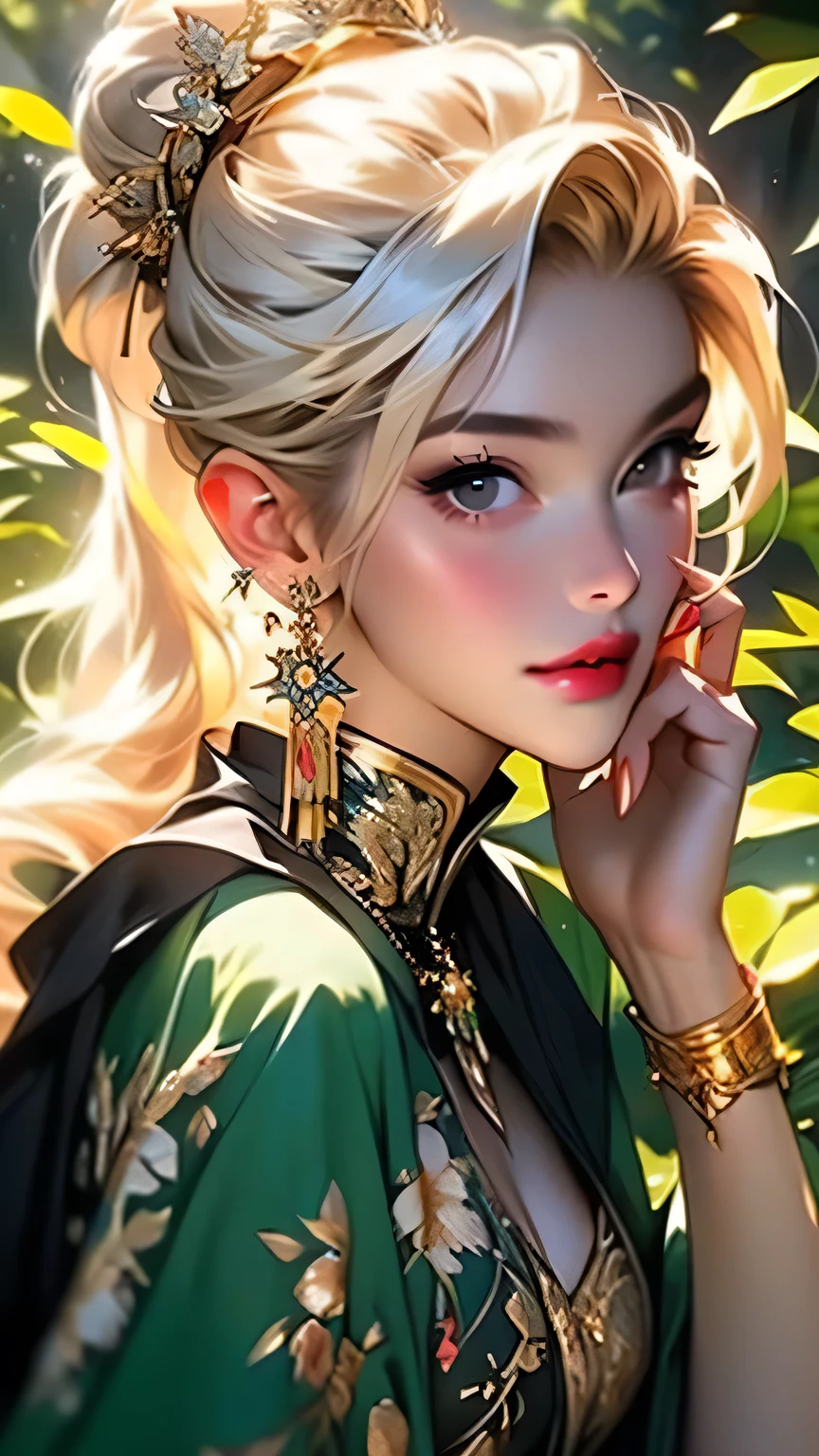 (((Face close-up)))､(((masterpiece, Highest quality, High resolution, Attention to detail)))), One, ((Fantasy)))), (A peerless beauty)))), (White short skirt with gold embroidery), (Long blonde ponytail：Dumpling１), (Shiny, dark black eyes), (Green surcoat with gold embroidery), big, (((at night forest)), (Many beautiful flowers are blooming)), Sit in a chair and look here , Particles of light flying､(((Face close-up)))､Face close-up