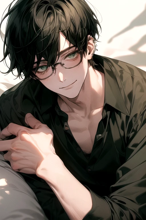 (Masterpiece), (Best Quality), Very detailed, ((a guy )), Perfect Face, Beautiful Face, Very detail, (short Black-haired man), (piercing green eyes), (harems)、white shirt, wear glasses, stunning, blood stained, cold expression, open shirt, fainted smile, shadow