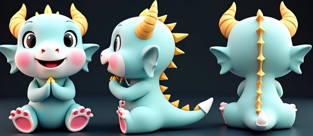 Cute cartoon baby dragon, with a pastel blue body, yellow horns, and pink claws, in a sitting pose on its hind legs like a cat, hands folded in a prayer position, and a white tail facing upwards. Three views are shown: front, side, and rear. The rendering style is c4d, with super high-definition details and a solid color background. This is a 3D modeling cartoon character design. 