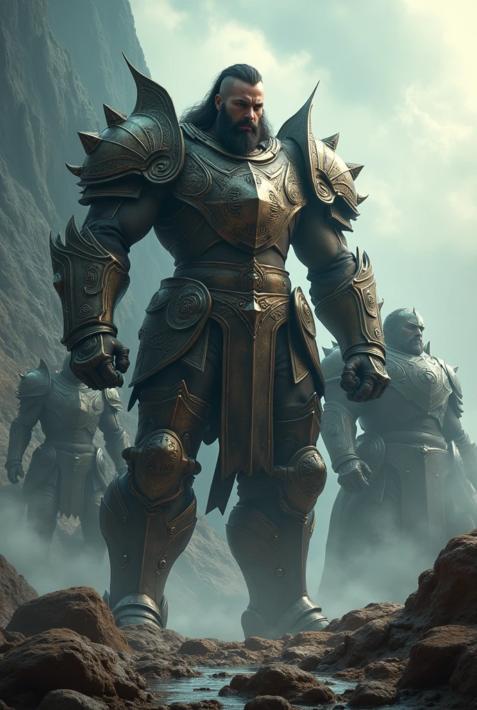 Create an image of giant warriors in armor and make the image look like a movie cover