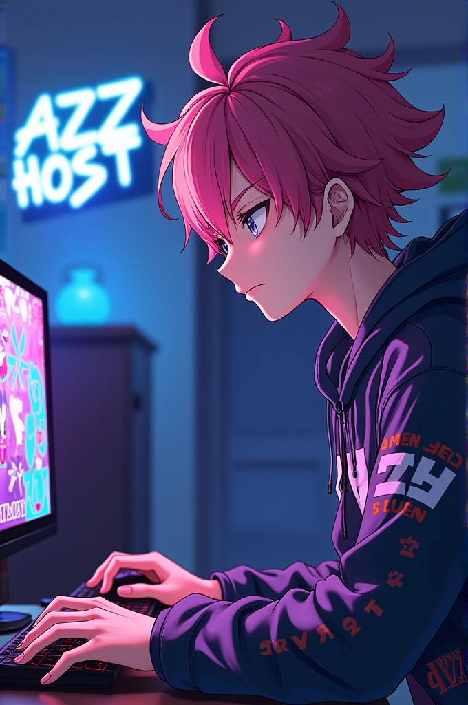 1 anime man playing computer and wearing jacket that says azz host and his room background says azz host