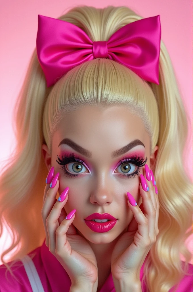 1 girl, blonde hair, long hair, big lips, Pink eyes, heart-shaped pupils, Close-up, split, the bow tie, cardigan, Exquisite necklace, earrings, huge breasts, Ahegao, show tongue, Eyes rolled back, blush, nose blush, gradient background, sparkles, anime, seductive, intimate, headshot, portrait vulgar pose