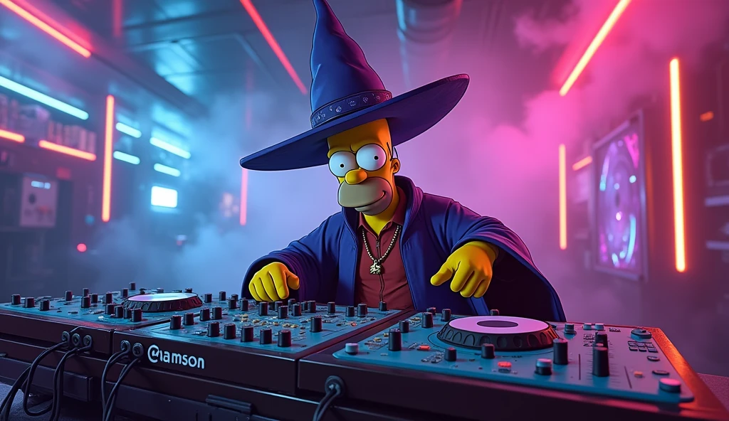 Homer Simpson dressed as a wizard, controlling a mixing board, with neon lights and colored smoke in the background, 2k image, scenography